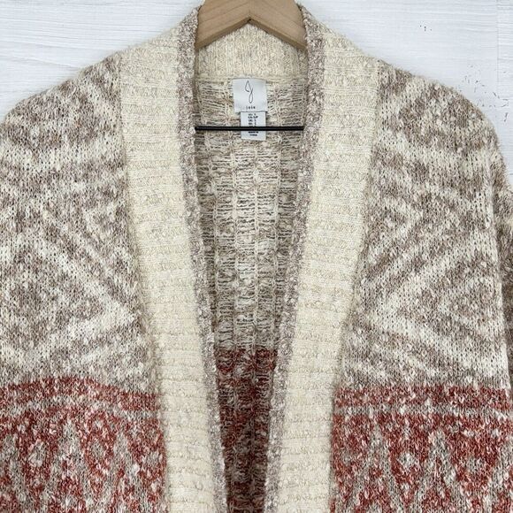 Joie Open Front Longline Cardigan Women S Nordic Knit Cream Red Cozy Fair Isle - Picture 2 of 14